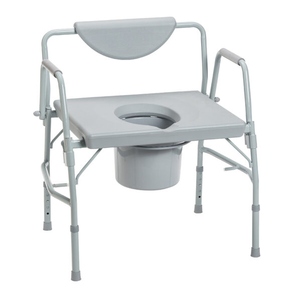 The Deluxe Bariatric Drop Arm Commode is a portable gray commode featuring a bucket underneath, adjustable legs, and armrests.
