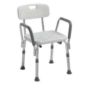 A Drive Shower Chair with Back and Removable Padded Arms, featuring adjustable legs and a white finish.
