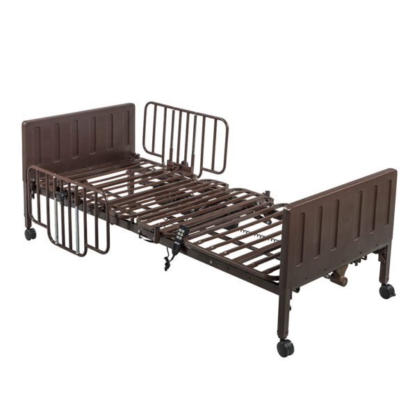 Delta® Pro Homecare Standard Bed System with adjustable frame, side rails, and wheels for mobility, featuring a brown finish.