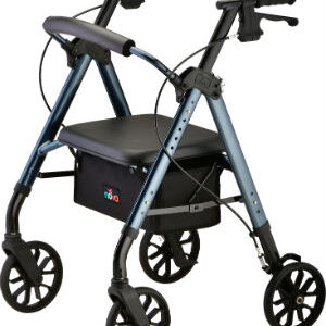 The Star 8 Rollator Walker has 8" wheels, black handles, a seat, and a basket underneath. It comes in a blue color and is designed in standard size.