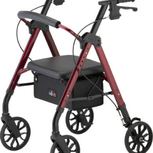 The STAR 8 Rollator Walker, featuring red and black design, comes with four 8-inch wheels, a padded seat, and a storage compartment underneath.