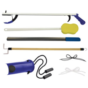The Hip Kit 7 includes adaptive tools for daily living such as a reacher, long-handled sponge, dressing stick, sock aid, and shoe laces.