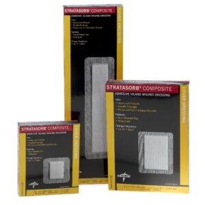 Three black and yellow boxes labeled "Stratasorb Waterproof Adhesive Island Dressing" are displayed on a white background.