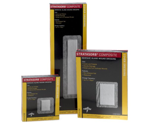 Three black and yellow boxes labeled "Stratasorb Waterproof Adhesive Island Dressing" are displayed on a white background.