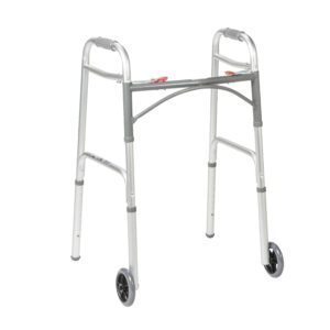 A Deluxe Folding Walker with 5" wheels, featuring a silver frame, adjustable height, two small front wheels, and rubber stoppers on the back legs, displayed on a white background.