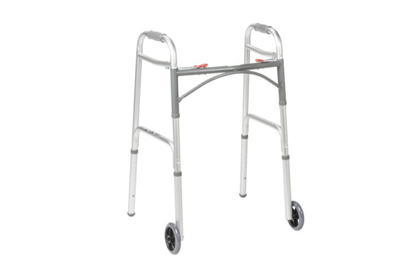 A Deluxe Folding Walker with 5" wheels, featuring a silver frame, adjustable height, two small front wheels, and rubber stoppers on the back legs, displayed on a white background.