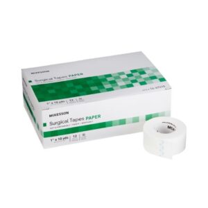 A box of Surgical Paper Tape by McKesson with one roll displayed outside, indicating dimensions of 1 inch x 10 yards and a pack quantity of 12.