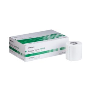 Box of McKesson Medical Paper Tape Non-Sterile next to a roll of tape, labeled "Surgical Tapes Paper.