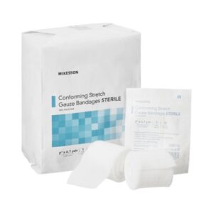 A package and individual roll of McKesson Conforming Stretch Gauze Bandages are displayed against a white background.