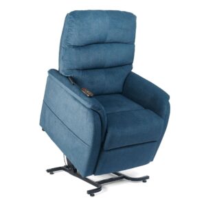 The ELARA LG is a blue upholstered reclining chair featuring a remote control on the armrest, partially raised on a black metal base.