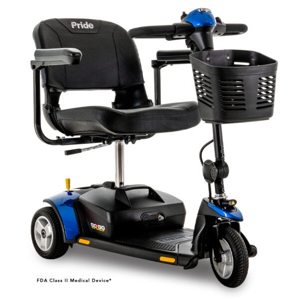 A Go Go® Elite Traveller 3-Wheel 12 Ah mobility scooter in blue and black, featuring a small front basket and ergonomic seating, with "Pride" labeled on the backrest.