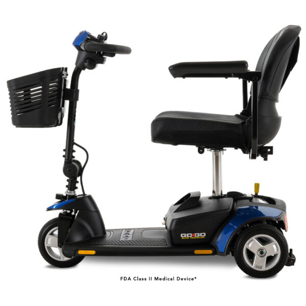 A Go Go® Elite Traveller 3-Wheel 12 Ah in blue and black, featuring a front basket, padded seat, and three wheels, designed for medical use.