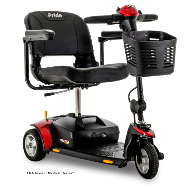 The Go Go® Elite Traveller 3-Wheel 12 Ah mobility scooter features a front-attached basket and a padded seat with armrests.