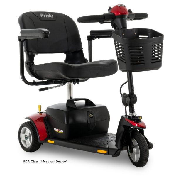Red and black Go Go® Elite Traveller 3 Wheel 18 Ah mobility scooter, featuring a storage basket and an adjustable seat. The label reads "Pride" on the headrest.