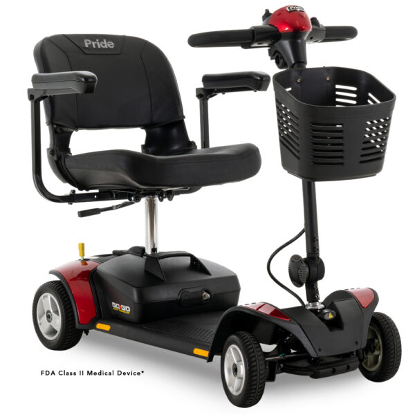 The Go Go® Elite Traveller, 4-Wheel, 12 Ah Battery is a black and red mobility scooter featuring a cushioned seat, armrests, a front basket, and it is labeled as an FDA Class II Medical Device.