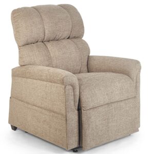 The Comforter Medium, a beige upholstered recliner chair featuring a high backrest and padded armrests, is showcased against a white background.