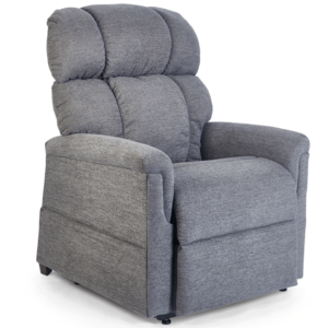 The Comforter Tall, a gray upholstered recliner chair featuring a padded backrest and armrests, designed for optimal comfort and relaxation, is displayed against a white background.