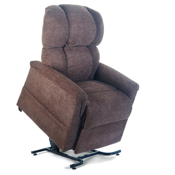 The Comforter Large, a brown fabric lift chair, is shown in a partially-raised position on its sturdy metal base.