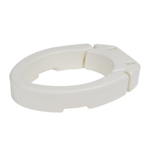 The Toilet Seat Riser Elongated is a white elevated toilet seat with a cut-out front, designed to fit standard toilets and provide increased seat height for accessibility.