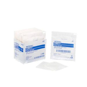 A box of McKesson sterilized 4 X 4 inch, 6-ply split sponges with one individual packet standing and another open, revealing the sponge inside.