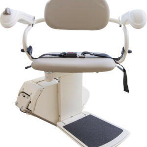 The Harmar SL300 is a beige stair lift featuring a padded seat, backrest, and footrest. It includes safety belts and armrests with side controls.