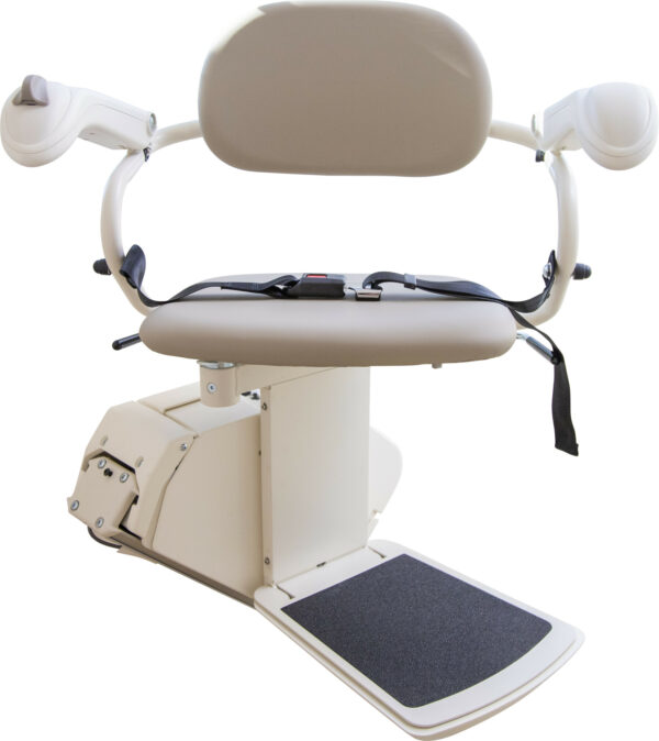 The Harmar SL300 is a beige stair lift featuring a padded seat, backrest, and footrest. It includes safety belts and armrests with side controls.