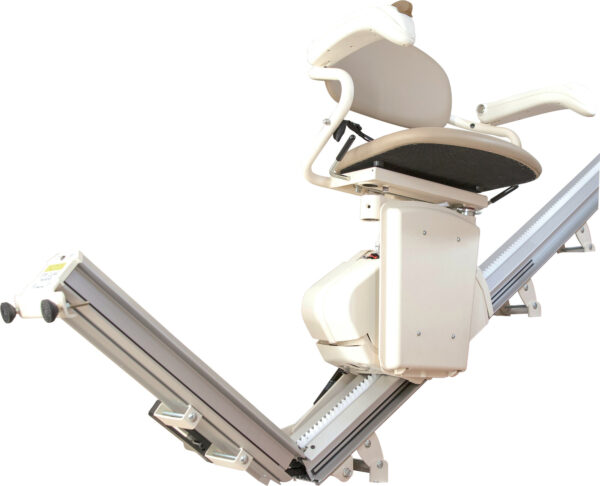 The Harmar SL300 is a stair lift seat attached to a railing, designed to assist individuals in moving up and down stairs.