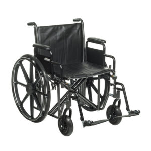The Sentra EC Heavy-Duty Wheelchair is a black manual wheelchair featuring large rear wheels, small front casters, footrests, and armrests.