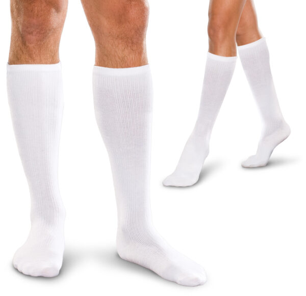 Two pairs of legs wearing Core Spun 15-20 mmHg white knee-high socks. The background is plain white.