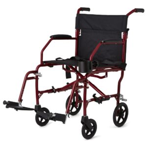 A red and black lightweight transport wheelchair with footrests, armrests, and four wheels, designed for patient mobility.