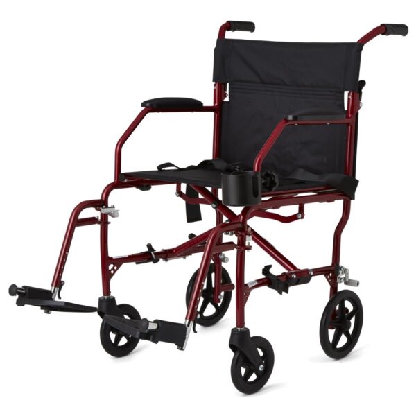 A red and black lightweight transport wheelchair with footrests, armrests, and four wheels, designed for patient mobility.