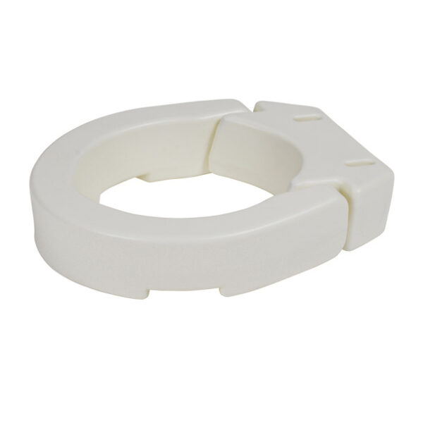 The Hinged Toilet Seat Riser is a white, elevated seat designed to fit standard toilet bowls, enhancing comfort and accessibility.