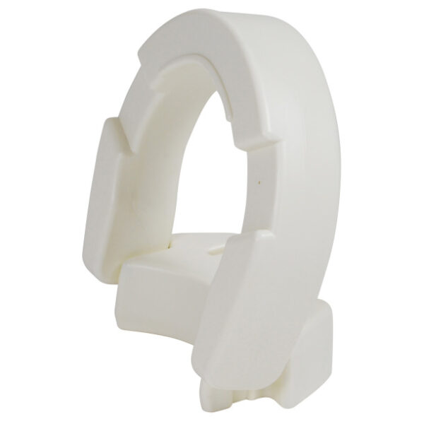 A Hinged Toilet Seat Riser made from white plastic, featuring a curved shape and multiple notches.