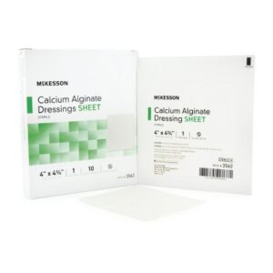A box of Calcium Alginate Dressing, with one sheet visible in front. The box indicates the size as 4" x 4¾".