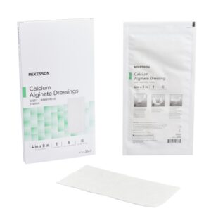 Image showing a box and a single pack of Alginate Dressing McKesson 4"x8" Rectangle for wound care, with a dressing also displayed.